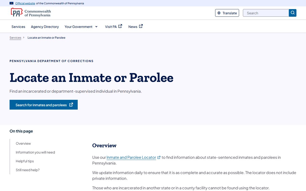 Pennsylvania DOC locator for Washington County state-sentenced inmate records